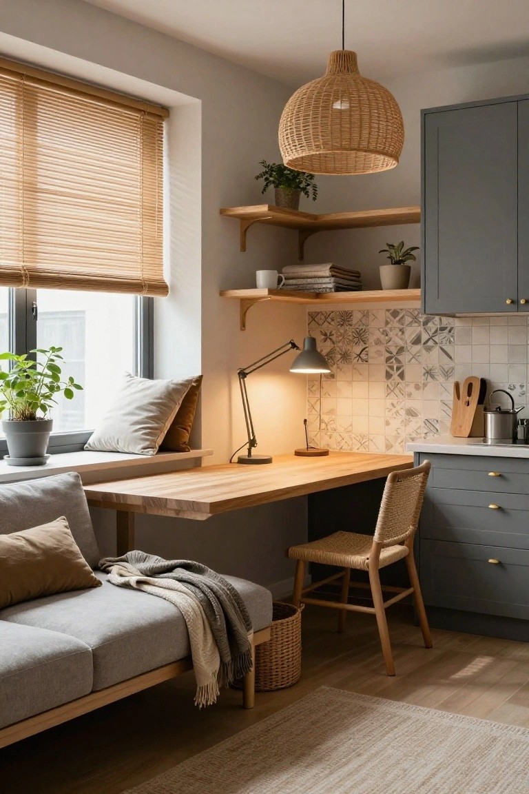 Small apartment interior showing a gray fabric window seat sofa with built-in wooden desk, rattan chair, gray kitchen cabinets, potted plants, tiled backsplash, and pendant light.
