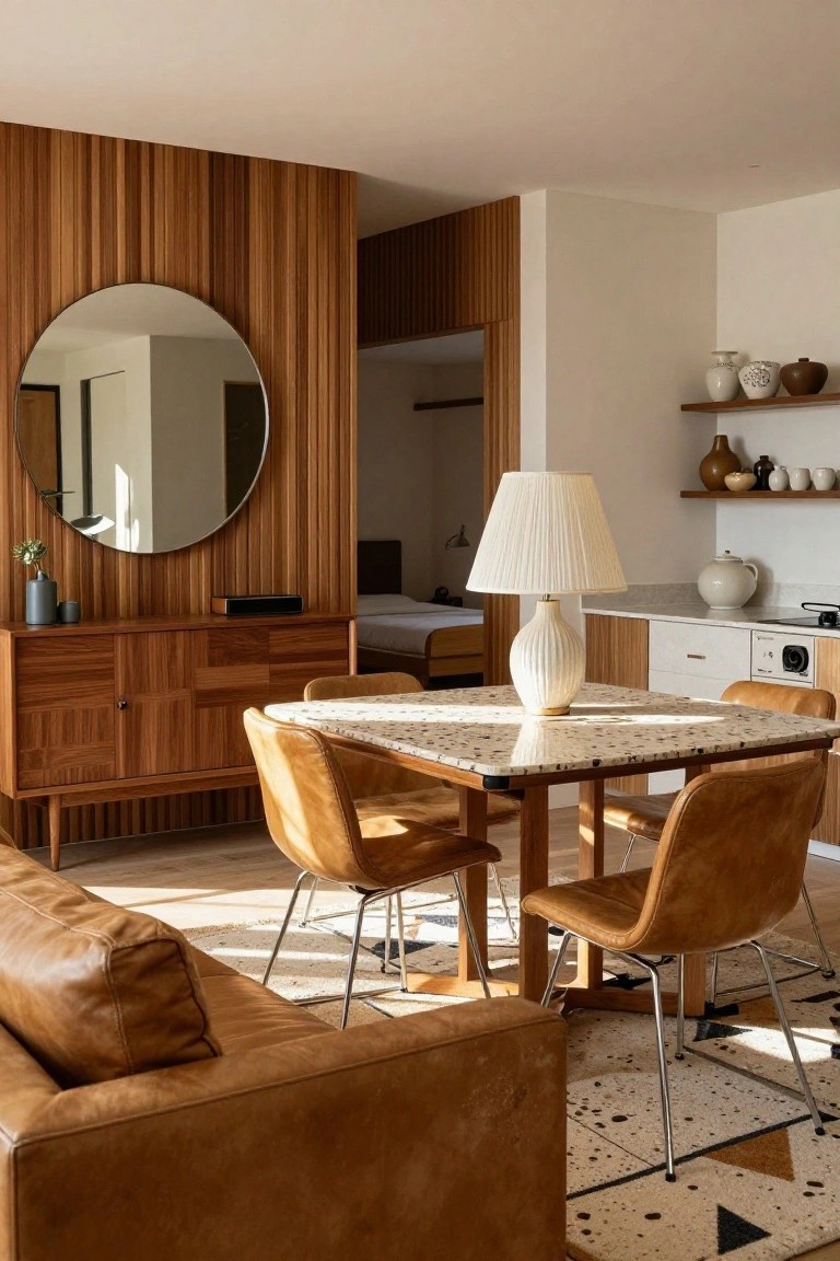 Studio apartment interior featuring vertical light wood slat wall paneling beside a large round mirror, wooden sideboard, beige marble-top dining table with leather chairs, tan leather sofa, white kitchen cabinets, and partial view of a bed.