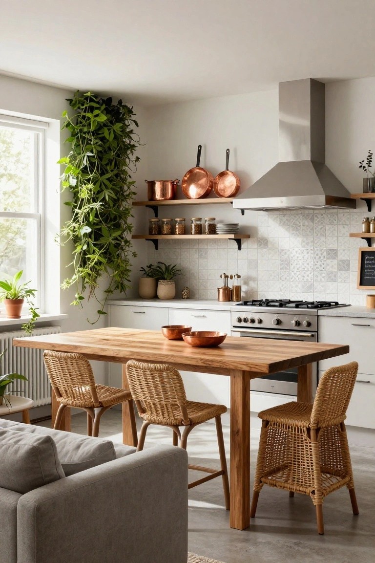 Bright kitchen with white cabinets, stainless steel range and hood, wooden rectangular dining table with four rattan chairs, copper pots on shelves and table, and multiple potted and hanging plants near a window.
