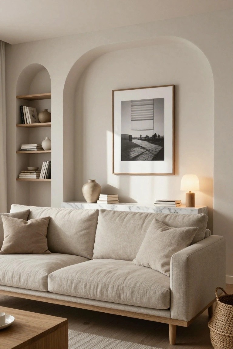 A light beige living room with a curved arched wall niche featuring wooden shelves holding books, vases, and stacked dishes, a large framed black-and-white photo, a cream linen sofa, marble console table with lamp and books, oak coffee table with cup, and wicker basket on wood floor.