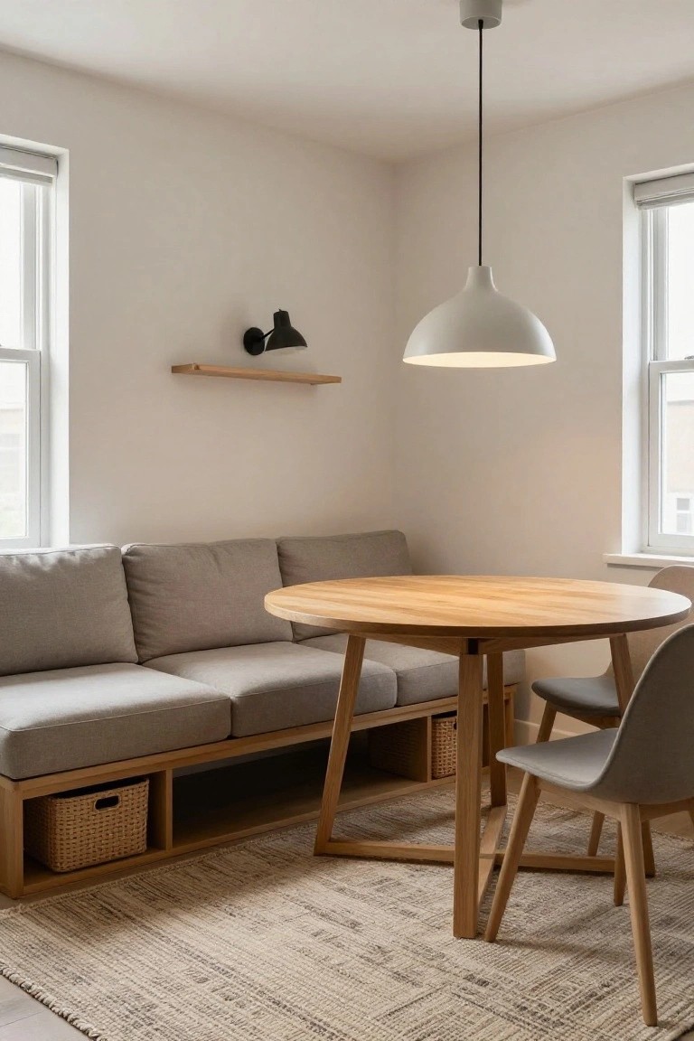 Apartment living room corner with gray built-in bench sofa along walls, round oak table, two gray molded chairs, pendant light overhead, wall sconce, shelves, woven baskets in bench storage, and beige rug on wood floors.