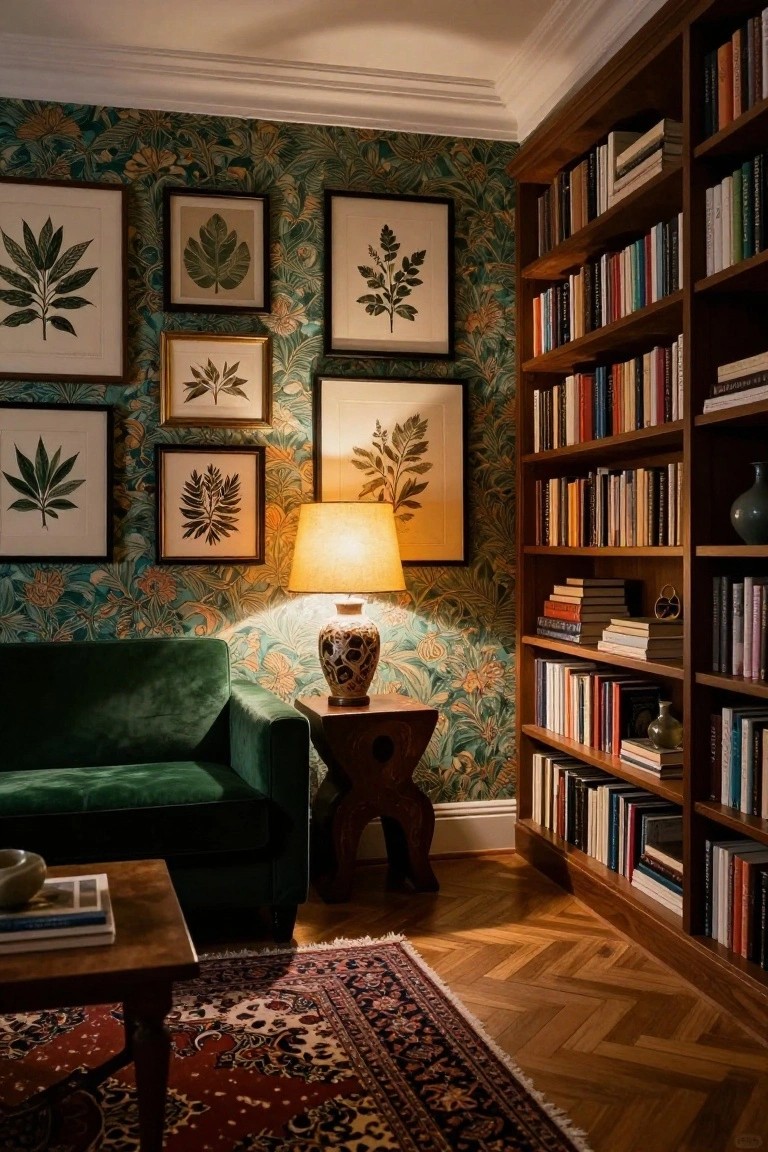 Dark wood bookshelves line two walls of a living room corner filled with books, next to a green velvet sofa, wooden side table with lamp, and framed botanical leaf prints on green patterned wallpaper over hardwood floors and a red rug.