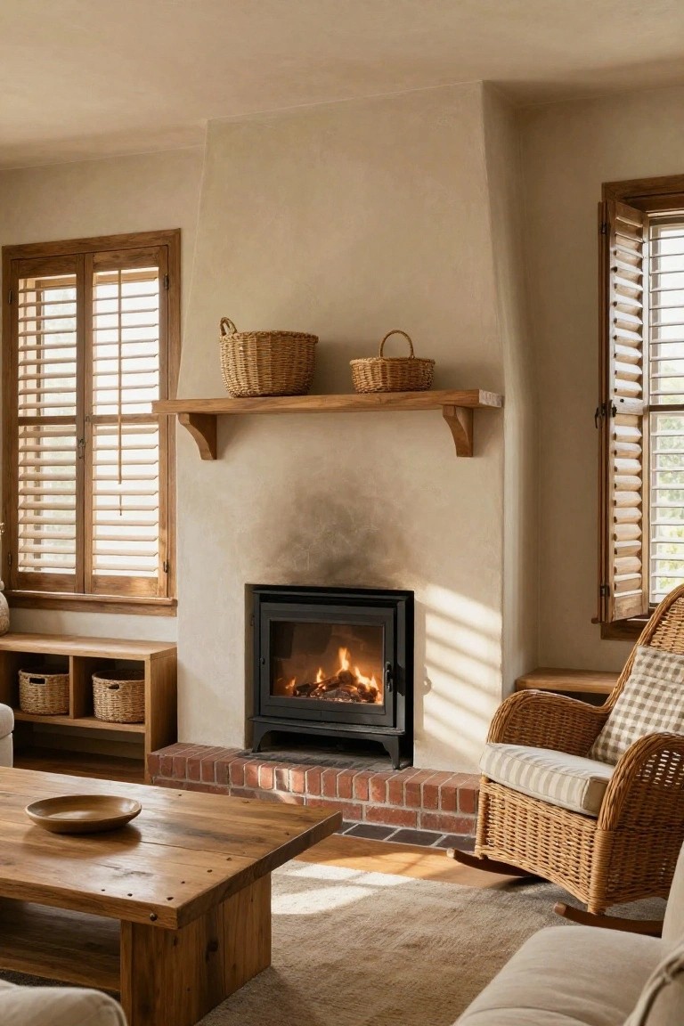 Living room interior with neutral plaster walls, black inset wood-burning stove on low red brick hearth, wooden shelves above holding two woven baskets, wooden coffee table, wicker rocking chair, and bench nearby.