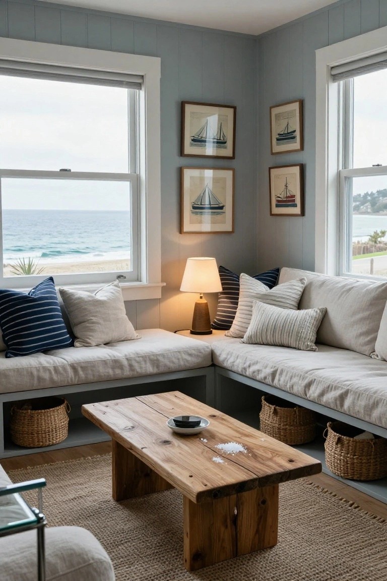 Corner living room with light gray shiplap walls, built-in linen benches with assorted pillows, wooden coffee table, lamp, and ocean view through large windows.