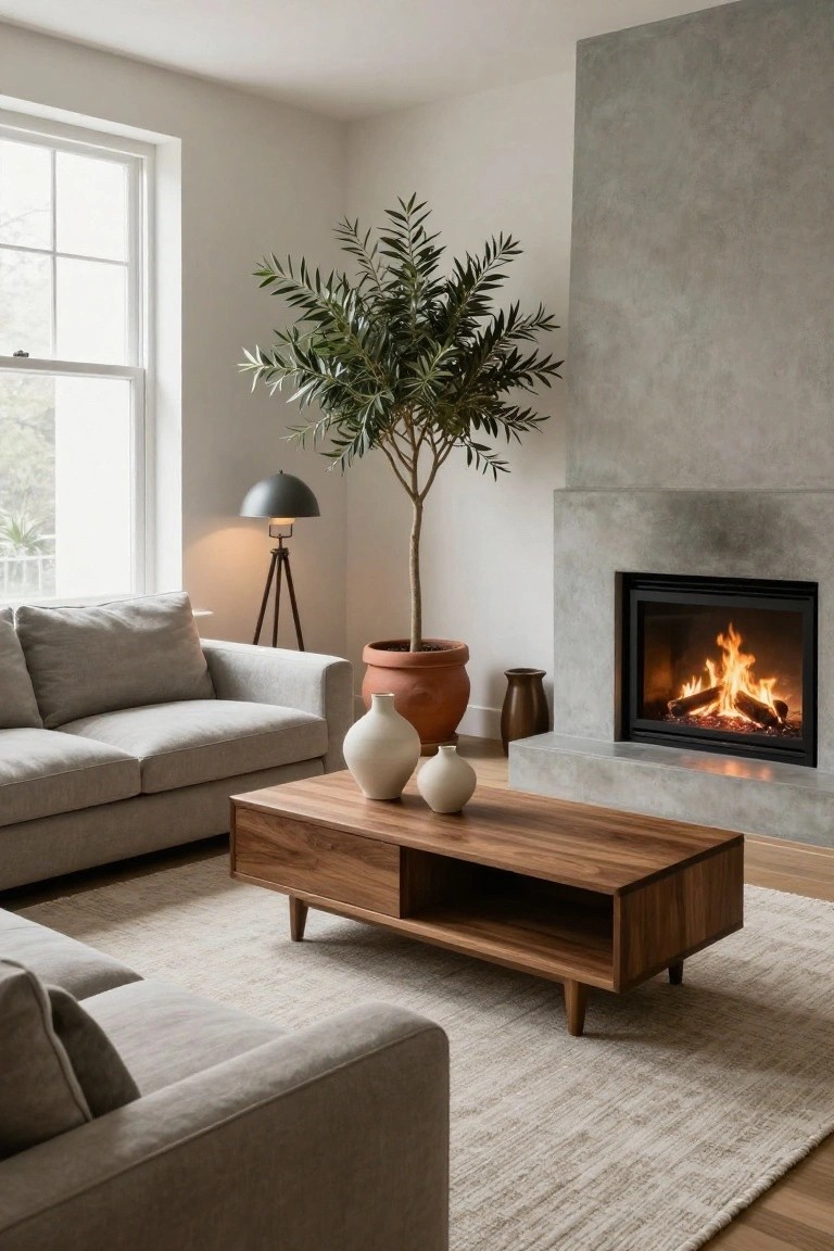 Modern living room with gray sofas, a wooden coffee table, indoor plants, and a fireplace.