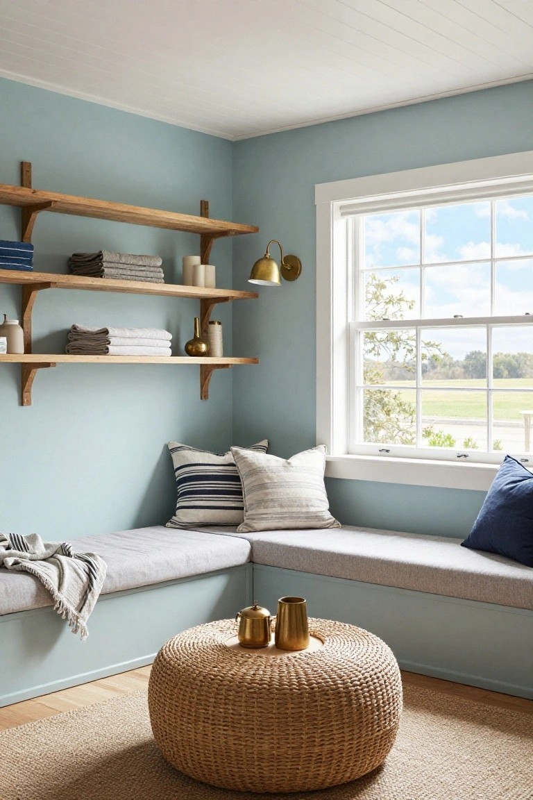 Cozy corner with light blue walls, gray seating, wooden shelves, and decorative accessories.