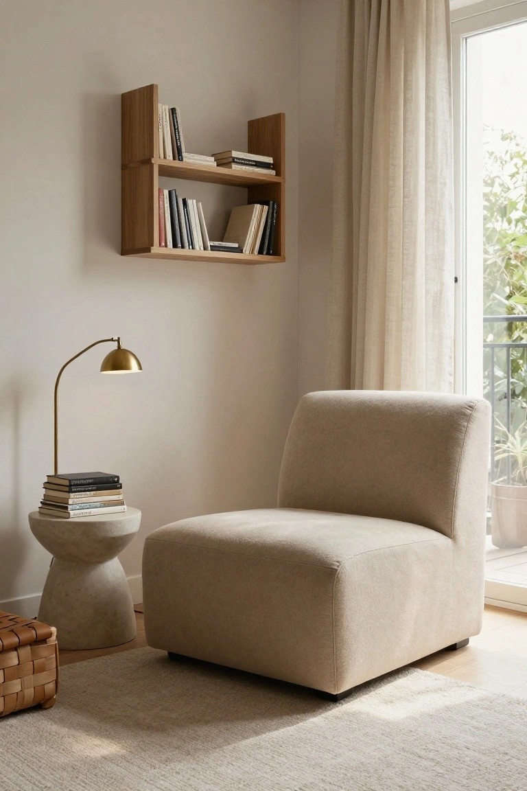 Beige low armchair next to a white rounded concrete pedestal table with stacked books, beside a brass arc floor lamp, in a light beige living room with wooden floating wall shelves holding books and sheer curtains over a balcony door.