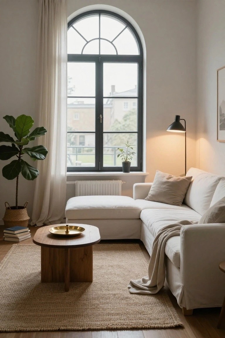 Bright apartment living room with white L-shaped slipcovered sofa, wooden oval coffee table topped with brass tray and candle, fiddle leaf fig in basket, small potted plant on windowsill, seagrass rug, and large arched window with sheer curtains.
