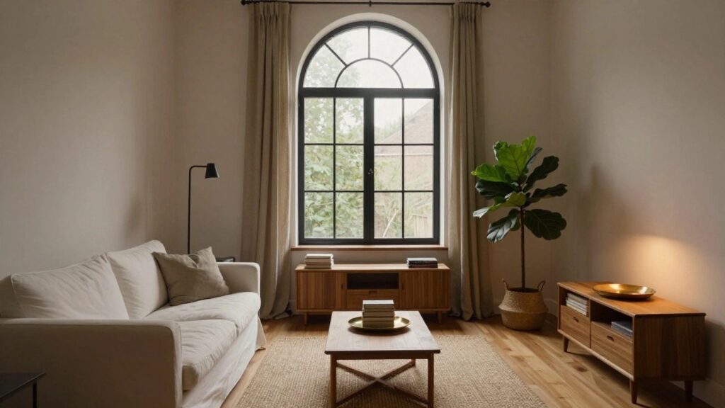Bright apartment living room with white L-shaped slipcovered sofa, wooden oval coffee table topped with brass tray and candle, fiddle leaf fig in basket, small potted plant on windowsill, seagrass rug, and large arched window with sheer curtains.