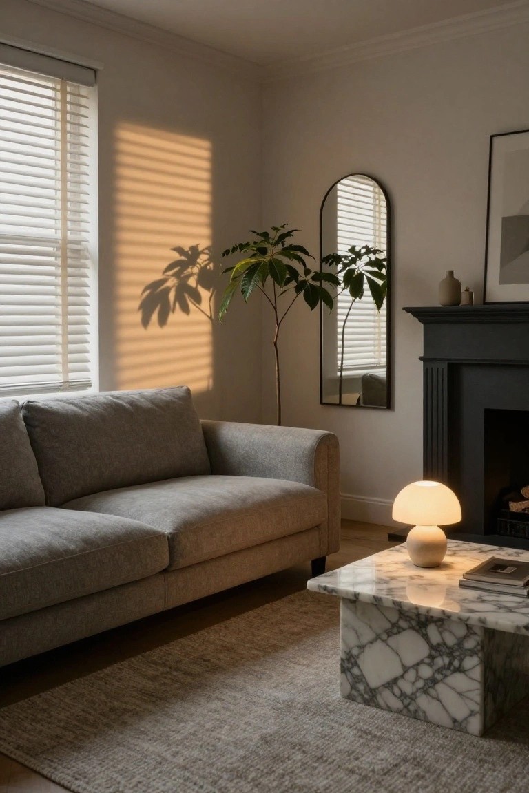 A modern living room featuring a gray sofa, white marble coffee table, arched black mirror, tall indoor plant, mushroom-shaped lamp, black fireplace, and warm sunlight filtering through white blinds casting shadows on beige walls and wood floors.