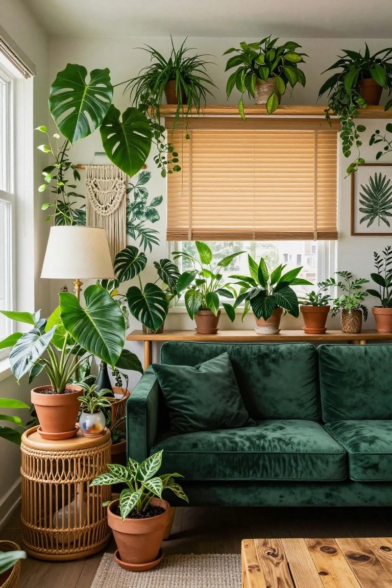 A cozy apartment living room corner featuring an emerald green velvet sofa, rattan side table with plants, wooden console by a window with beige blinds, numerous potted indoor plants including large monstera leaves, and woven wall hangings.