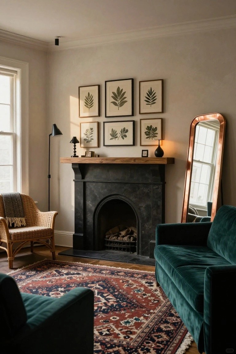 Living room with two emerald green velvet sofas on a red and blue Persian rug in front of a black stone fireplace with wood mantel, rattan armchair with throw nearby, botanical prints above mantel, copper arched mirror, and black floor lamp.