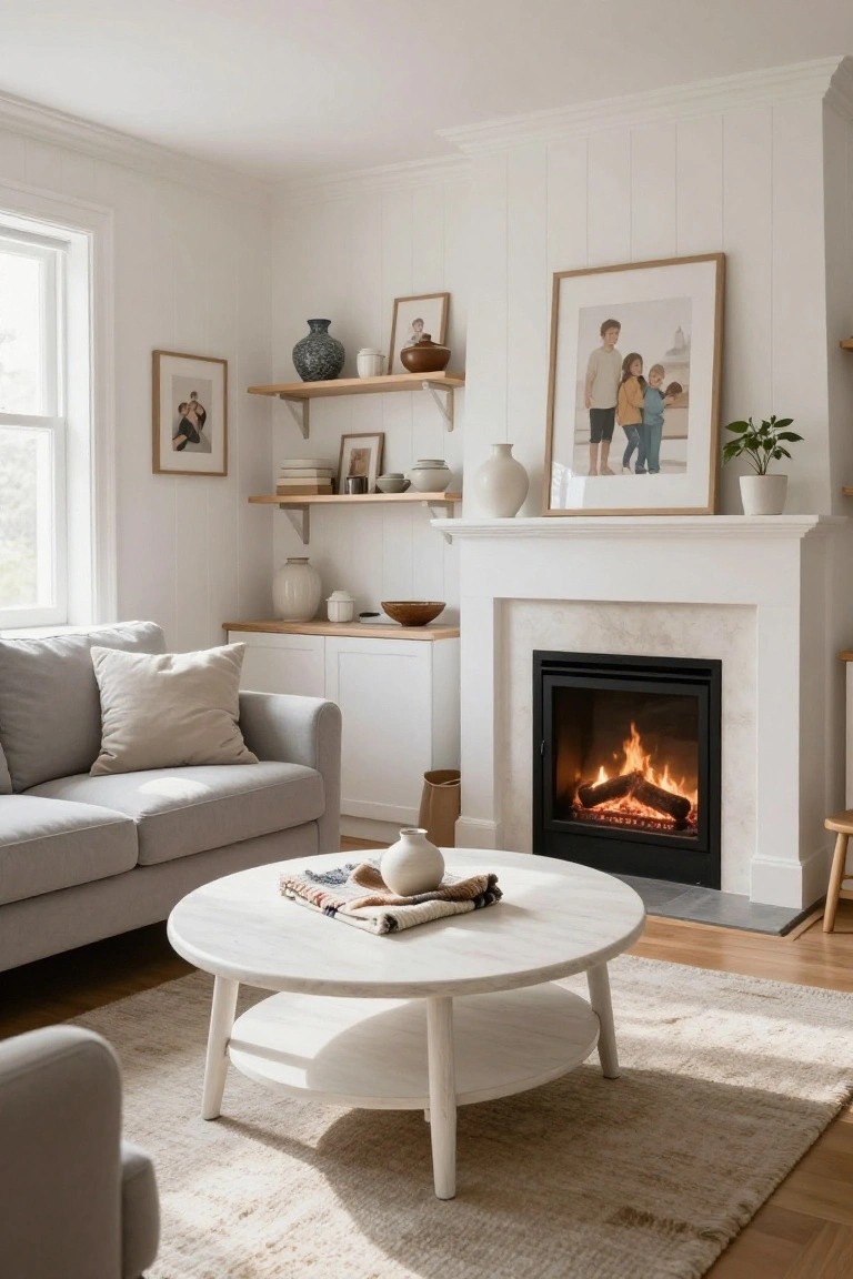 Living room corner with white paneled walls, lit gas fireplace in white surround, wooden floating shelves displaying ceramics photos and dishes, gray sofa with cream pillows, round white coffee table holding a magazine and vase, beige rug on light wood floor.