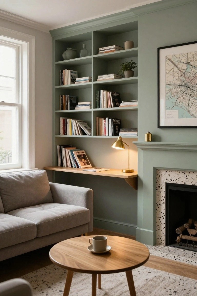 A living room corner with sage green built-in bookshelves filled with books, vases, and plants, a floating wooden desk with gold lamp next to a fireplace, gray sofa, round wooden coffee table with teacup and saucer, and window.
