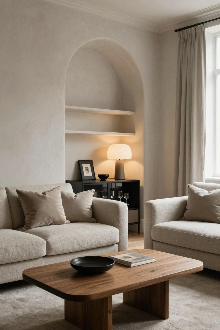 Beige living room with two plush fabric sofas around a low wooden coffee table, an arched wall recess with white shelves holding a lamp and framed photo, a black sideboard with wine glasses, and sheer curtains on a window.