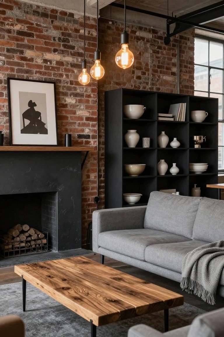 A living room with exposed brick walls, tall black open shelving unit filled with white ceramics and bowls, gray L-shaped sofa with throw blanket, rustic wood coffee table on black legs, black fireplace with firewood, and hanging Edison bulb pendant lights.