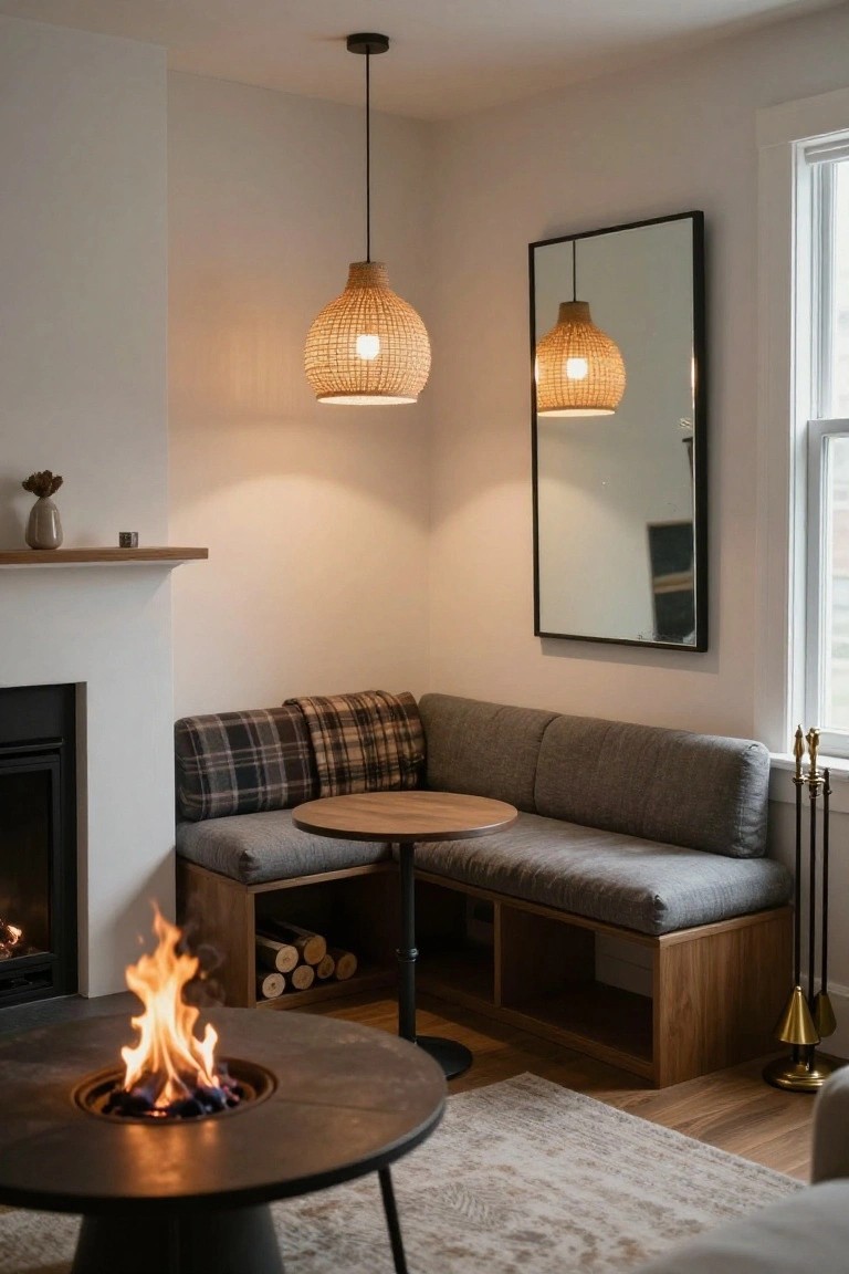 A cozy indoor living room corner with a built-in L-shaped gray bench seat, plaid blanket, wood storage shelves underneath, round black fire pit table, active fireplace, rattan pendant lights, mirror, and neutral walls.
