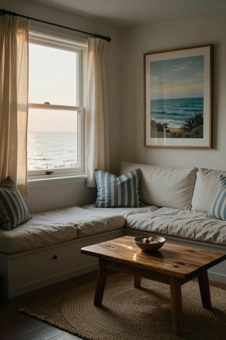 Cozy L-shaped built-in bench sofa in beige linen with blue striped pillows sits by a large window with sheer curtains overlooking the ocean, next to a low wooden coffee table holding a bowl of round fruits on a seagrass rug in a light-walled room.