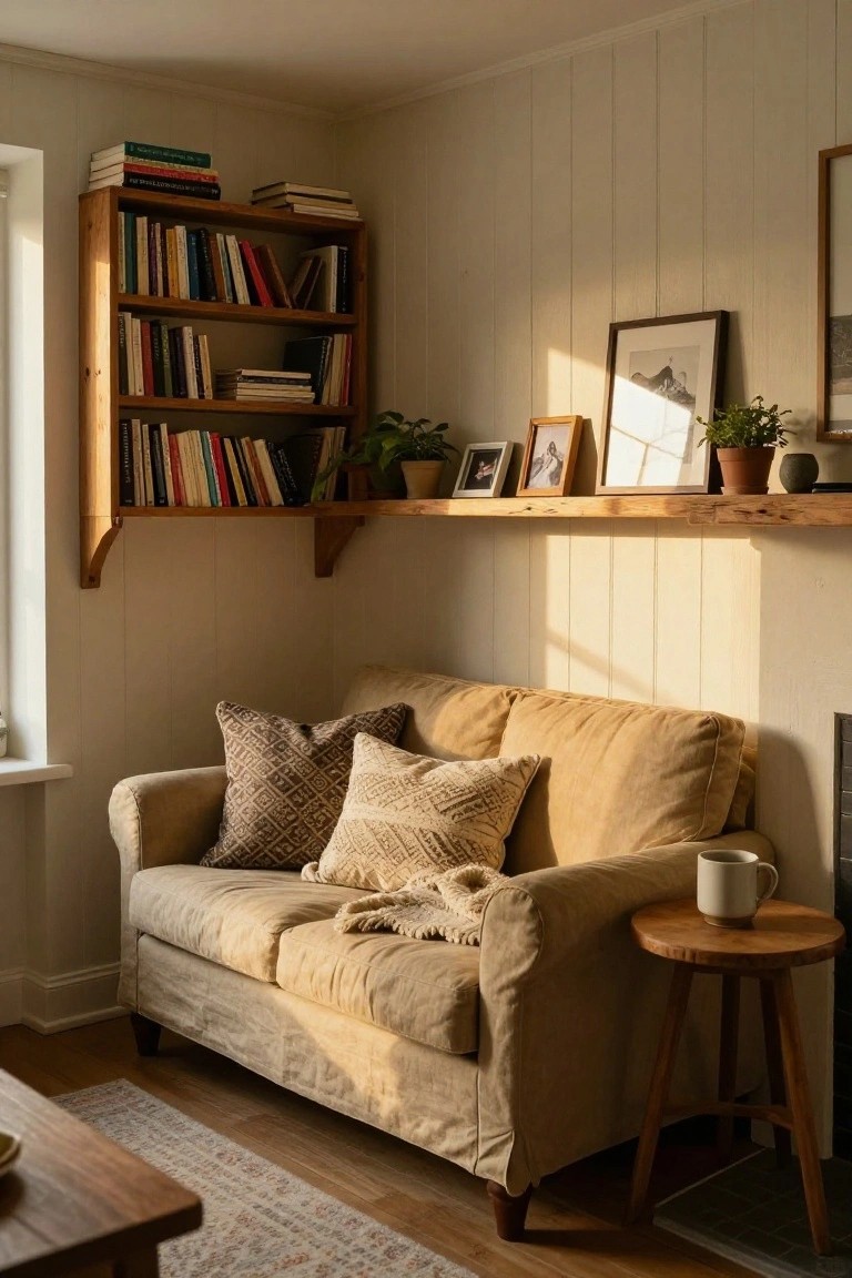 Beige loveseat in a sunny corner of a living room with wooden bookshelves on one wall, floating shelf holding plants and framed photos, wooden side table with ceramic mug, neutral walls, and hardwood floor.