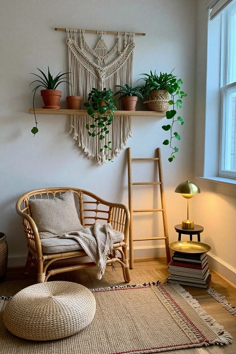 Indoor corner of a living room with a beige rattan armchair holding a pillow and throw blanket, a woven pouf on a seagrass rug, plants in terracotta and woven pots on a wood floating shelf below a white macrame wall hanging, a ladder shelf, gold lamp and book stack on a black side table, near a window.