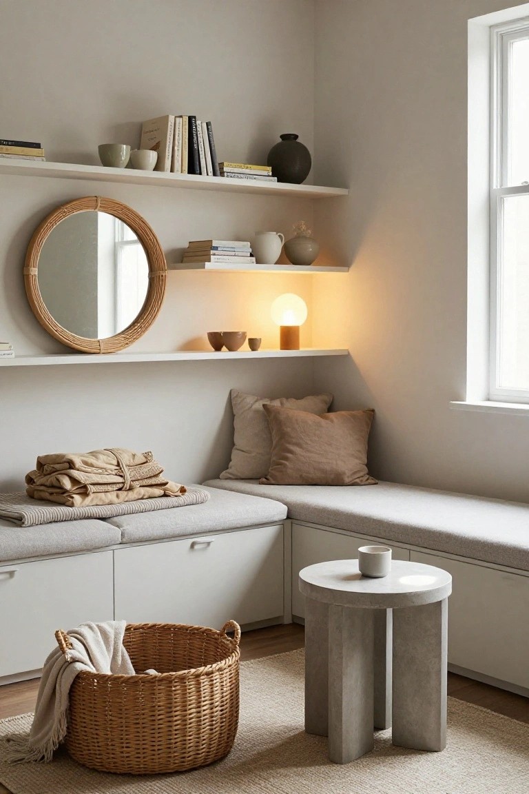 Light corner of a minimalist living room with built-in window seat bench covered in beige linens and pillows, white floating shelves holding books ceramics and a lamp, round rattan mirror, concrete side table with a cup, and wicker basket with white blanket on beige rug.