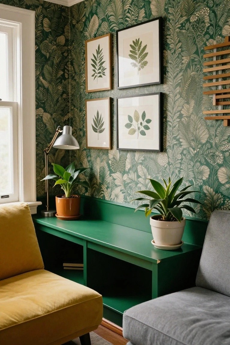 Corner of a living room featuring green botanical wallpaper on walls, four framed leaf artwork, adjustable lamp and potted plants on a green credenza with open storage below, yellow velvet armchair on one side and gray armchair on the other.