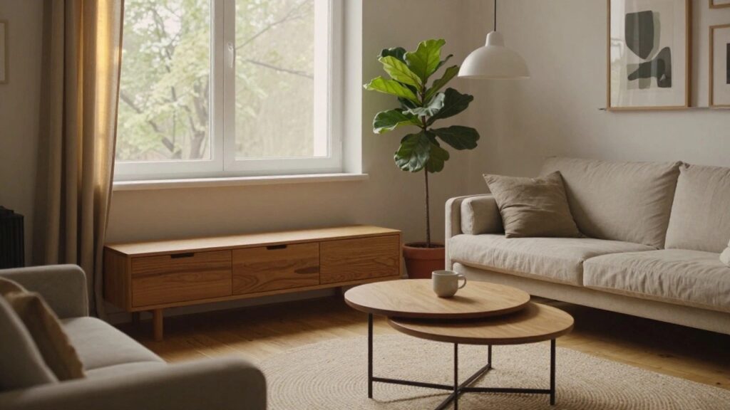 22 Cozy Apartment Small Living Room Ideas That Save Space A small cozy living room with a beige linen sofa on wooden legs featuring storage drawers underneath, a round wooden coffee table with thin black legs, potted plants, abstract wall art, and large windows with sheer beige curtains.
