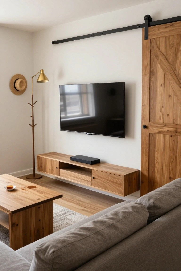 A small living room with a wall-mounted TV above a floating wooden console that has storage drawers, beside a wooden sliding barn door, with a gray sofa, wooden coffee table, gold floor lamp, and hat rack on white walls and wood floors.