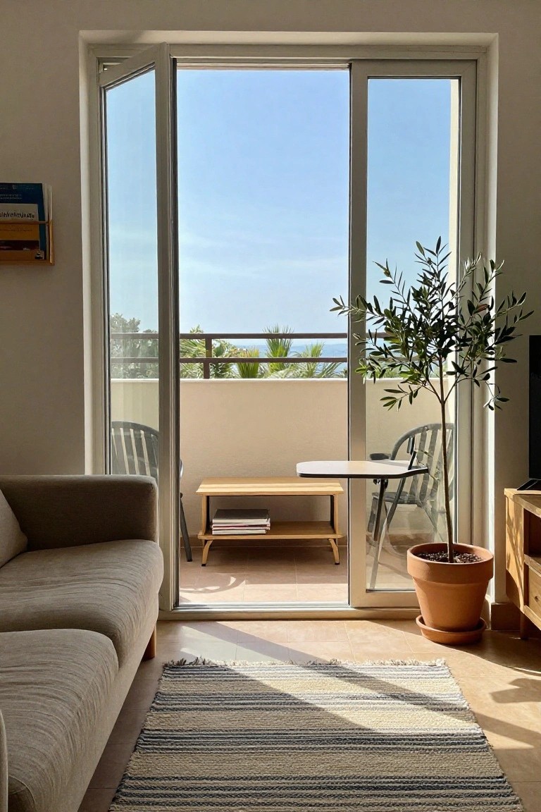 Apartment living room with beige linen sofa, striped rag rug, wooden low table with books, potted olive tree, and open white sliding doors to a sunny balcony overlooking sea palms and distant water.