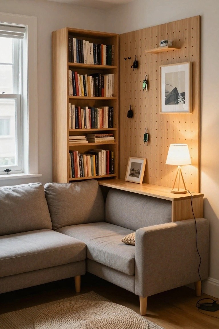 Apartment living room corner with tall wooden bookshelves filled with books, adjacent bamboo pegboard wall holding hooks with keys and bags plus small shelves and frames, wooden desk with lamp, and gray L-shaped sofa on wooden floor with seagrass rug.