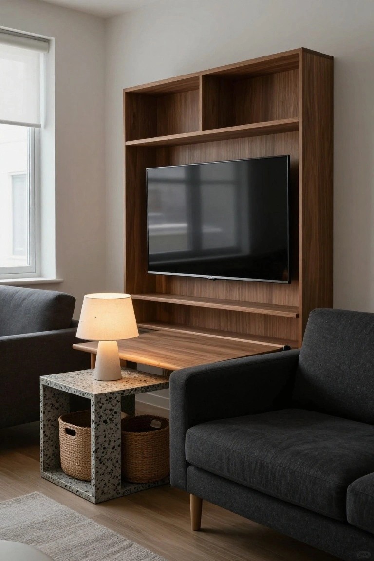 Modern apartment living room with tall walnut wood built-in shelving unit holding mounted TV and desk, gray sofa, terrazzo side table with lamp and woven baskets, near window with roller blind.