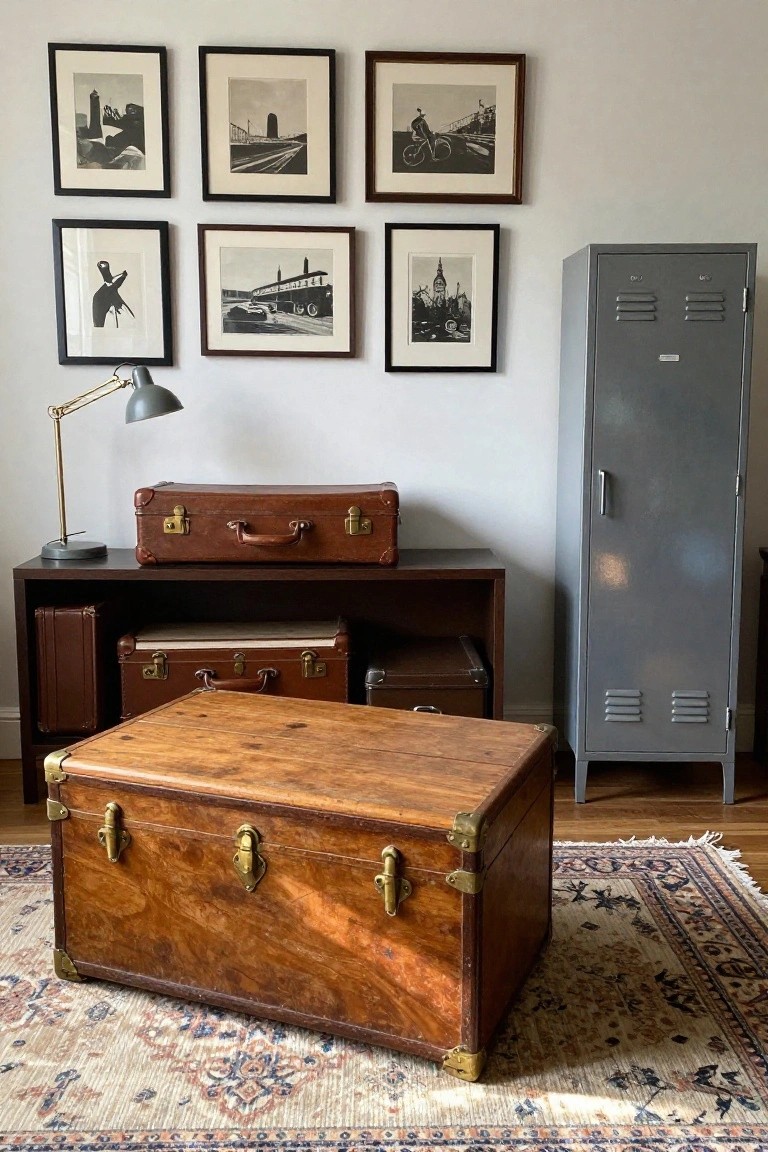 Small living room corner with framed black-and-white photos on white wall, tall gray metal locker cabinet, wooden credenza holding stacked brown leather suitcases and lamp, wooden trunk on patterned rug.