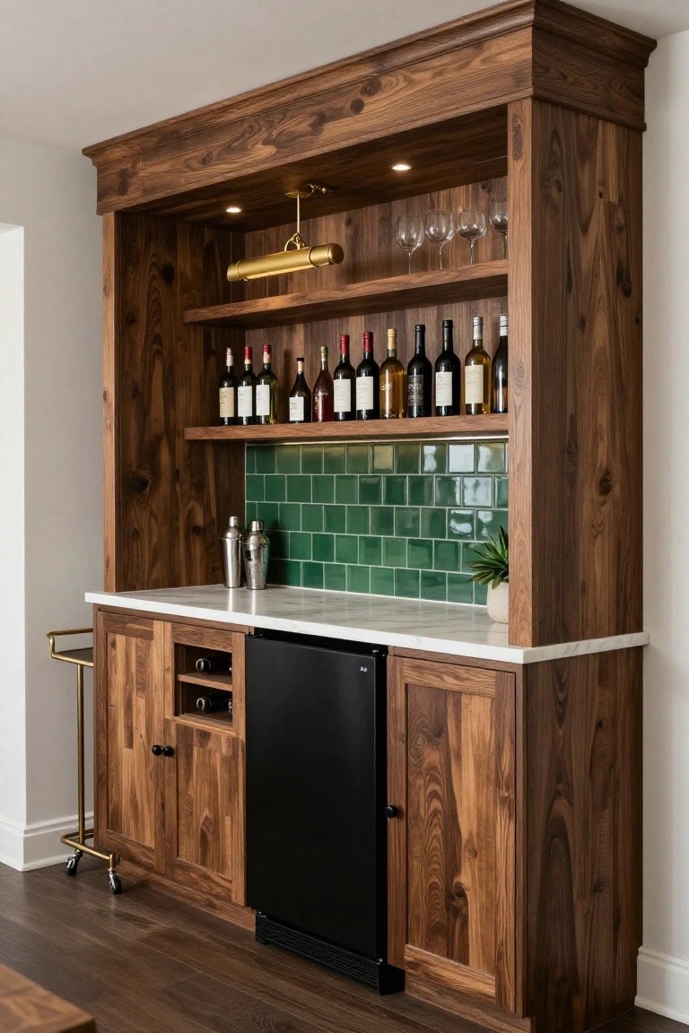 Tall walnut wood built-in bar cabinet with open shelves displaying wine bottles and glasses, brass sconce lighting, green subway tile backsplash, white marble countertop, undercounter beverage fridge, and gold bar cart on wheels nearby.