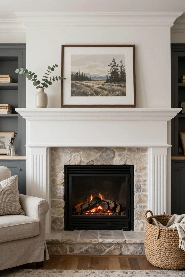 A gas fireplace with white fluted mantel and beige stone surround flanked by dark gray built-in cabinets with open shelves holding books and decor, a large framed landscape painting above, beige vase on mantel, cream armchair nearby, and wicker basket on wood floor.