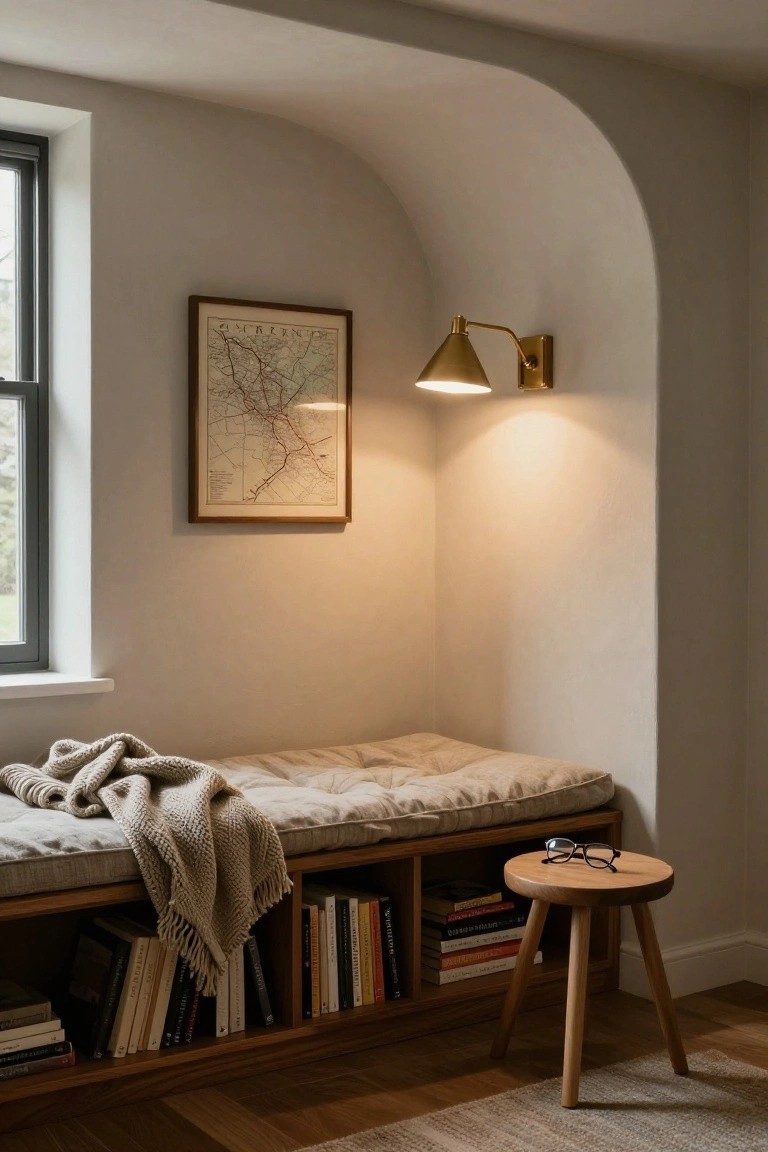 Interior corner with arched plaster walls, black-framed window, framed vintage map, gold adjustable wall lamp, built-in wooden bench with beige cushion and knit throw, open bookshelves below, and small wooden stool with eyeglasses next to beige carpeted floor.