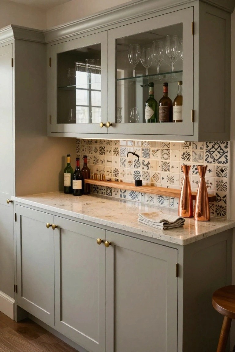 Corner built-in kitchen cabinetry in soft gray with brass knobs and glass-fronted upper doors displaying wine bottles, glasses, and liquor, white quartz countertop, blue and white patterned tile backsplash with wooden shelf holding copper vases and candles, and wooden bar stool.