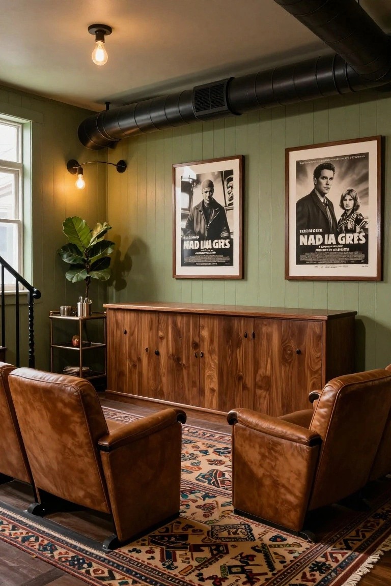 Green paneled room with exposed black ductwork, two brown leather tub armchairs facing a wooden credenza, brass bar cart with plant nearby, and framed black-and-white movie posters on the walls beside a staircase.