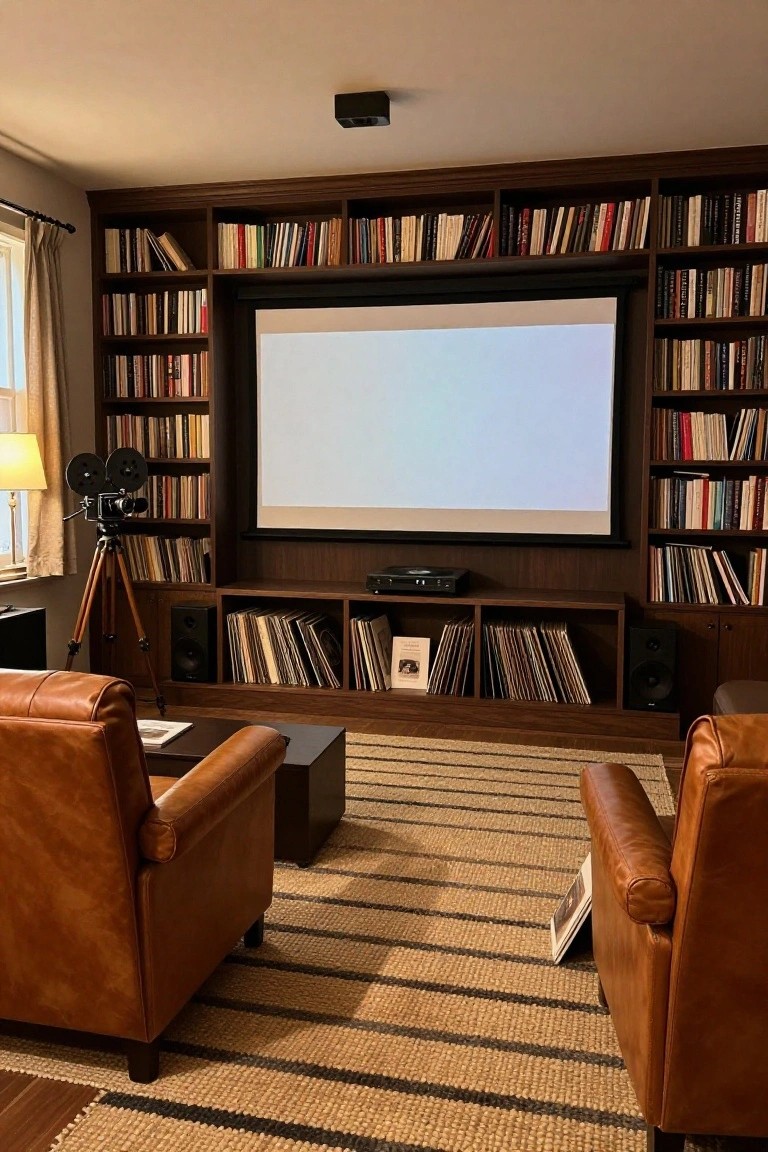 A home theater room with floor-to-ceiling wooden bookshelves filled with books and records flanking a large projector screen, leather armchairs on a striped rug, a turntable and speakers below the screen, and a vintage movie camera on a tripod nearby.