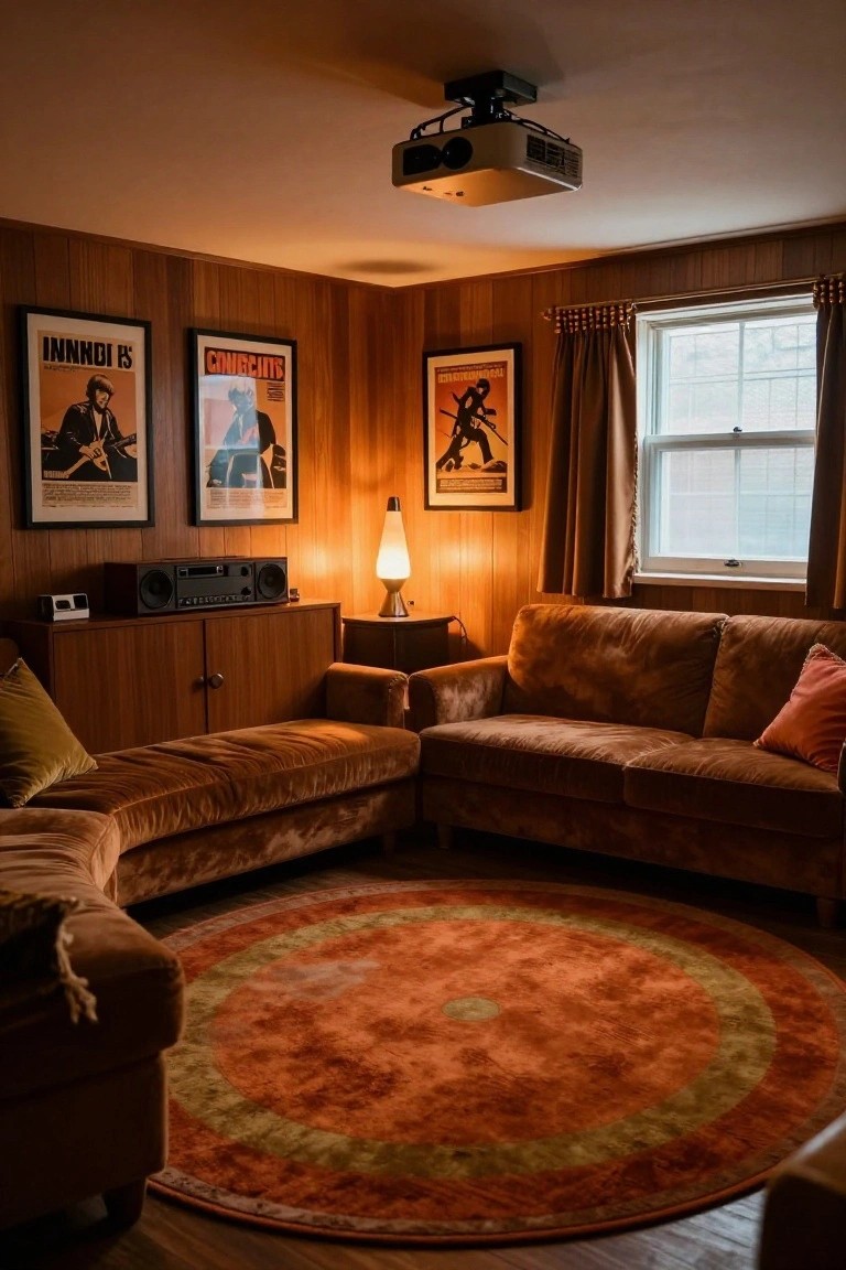 Wood-paneled room with brown velvet L-shaped sofas around a multicolored round rug, retro posters on walls, ceiling-mounted projector, stereo equipment, and glowing lamp on side table.