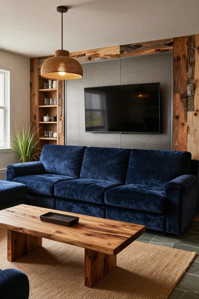 Indoor room featuring a navy blue velvet L-shaped sofa facing a large TV mounted on a wood-paneled wall with gray metal mesh inset, flanked by built-in wooden shelves, rattan pendant light overhead, live-edge wood coffee table, seagrass rug, and potted plant near a window.