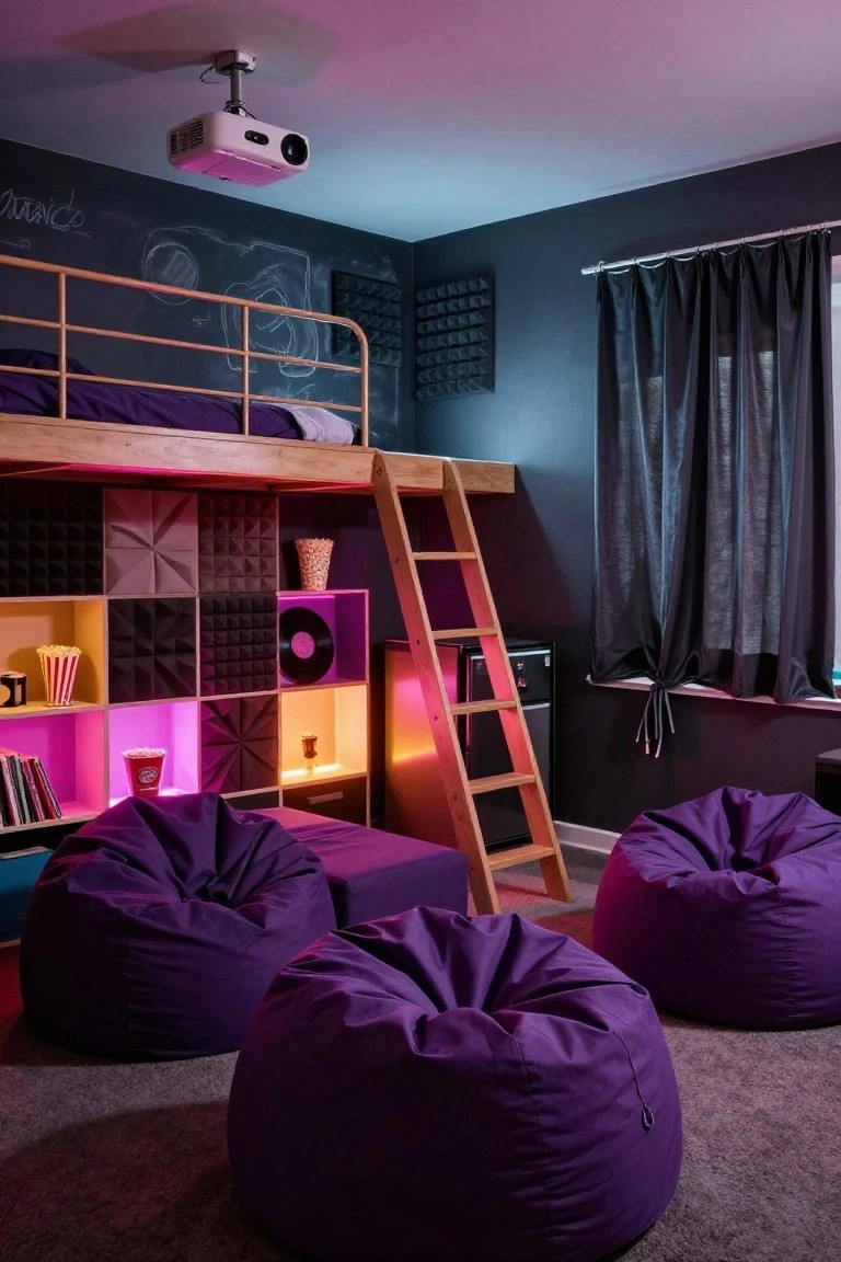 A loft bedroom with a ceiling-mounted projector, wooden ladder-accessed bed, colorful shelving unit with popcorn buckets and records, and five large purple bean bag chairs on a gray carpeted floor.