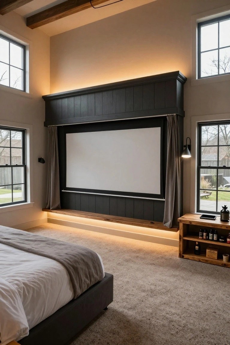 Bedroom interior with a large recessed projector screen framed by dark vertical wood paneling and LED lighting strips, a low platform bed with gray bedding in the foreground, wooden side table with bottles, and large windows on both sides.