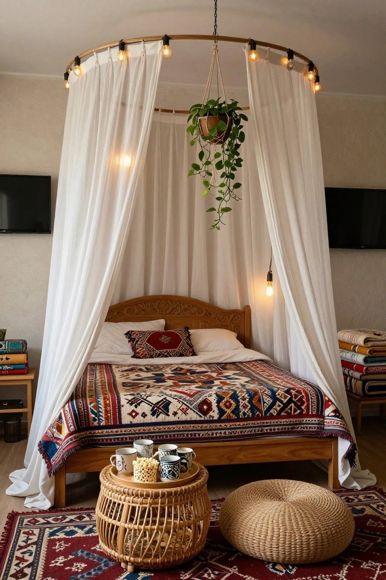 A bedroom with a wooden bed draped in colorful patterned quilts under a circular bamboo hoop canopy of sheer white curtains lit by string lights and a hanging potted plant, flanked by bookshelves, a rattan table with cups, and woven poufs on a patterned rug.