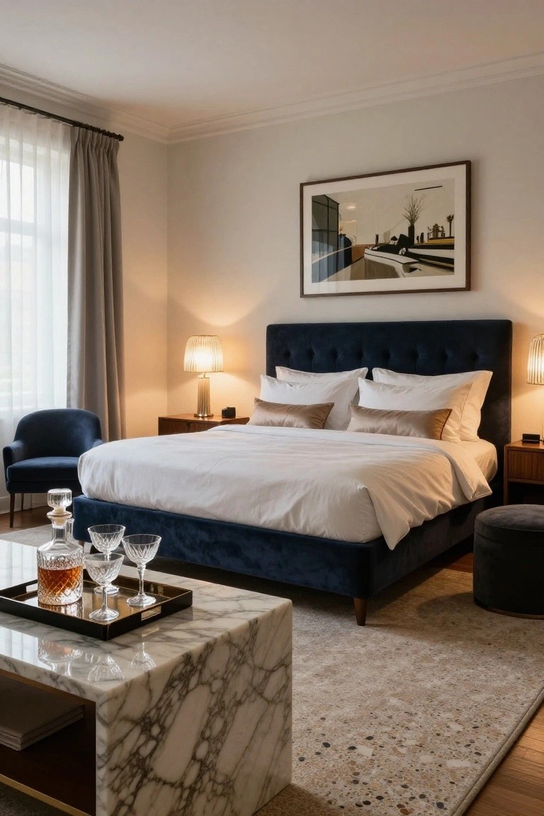 A bedroom interior featuring a navy velvet tufted bed with white linens, a low white marble coffee table holding a whiskey decanter and glasses on a tray, bedside lamps, a blue velvet armchair, and sheer curtains on a window.
