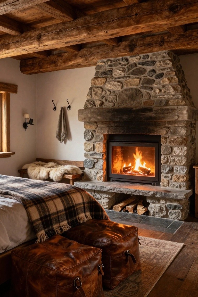 Rustic bedroom with exposed wooden beams and ceiling, large stone fireplace with burning logs and modern insert, plaid blanket on bed, sheepskin on wooden bench, and two brown leather ottomans on wood floor.