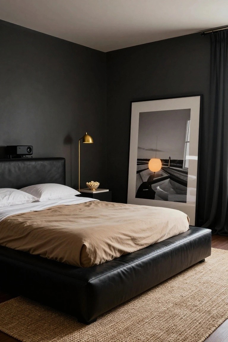 A dark gray bedroom with a black leather platform bed covered in a beige duvet and white pillows, a wall-mounted black projector above the headboard, a gold floor lamp next to a nightstand holding a bowl of popcorn, and a tall black-and-white framed photo of boats on the adjacent wall.