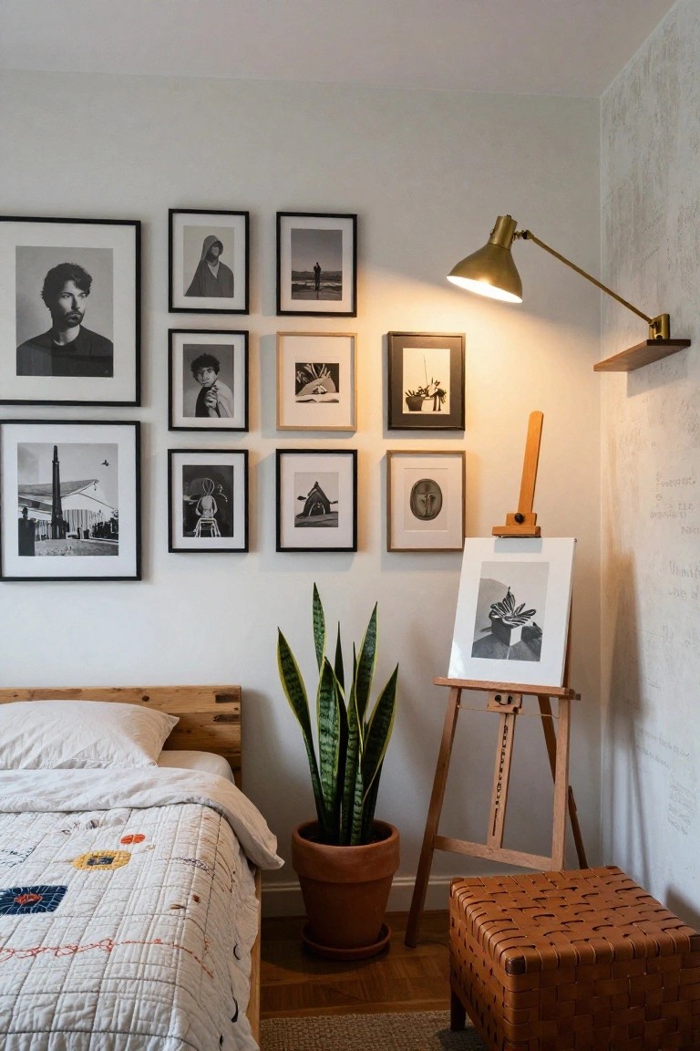Bedroom corner with wooden bed and quilted white bedding, snake plant in terracotta pot, wooden easel holding white canvas with black and white artwork, gallery wall of assorted black and white framed photos and prints, brass adjustable wall lamp, and brown leather stool on wood floor.