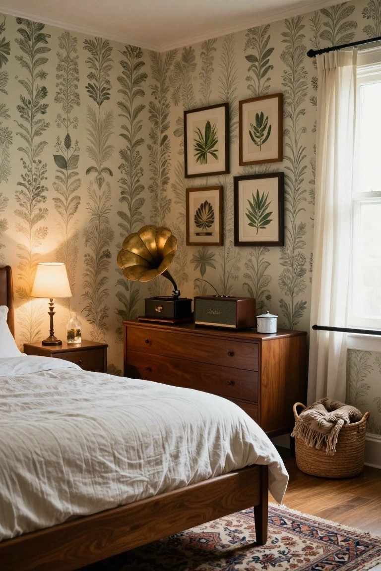 A cozy bedroom with gray-green botanical leaf wallpaper on walls, wooden bed frame with white linen sheets, gold gramophone horn on a wooden dresser next to a brown radio speaker, bedside table with lamp, framed plant prints, sheer window curtain, basket of throws on floor, and Persian rug.