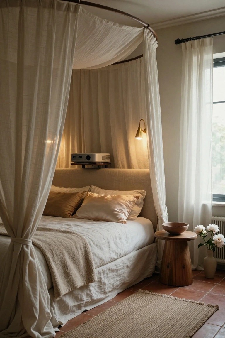 A bedroom with a beige upholstered canopy bed draped in white linens, gold silk pillows, a white projector mounted on a shelf above the headboard, a wooden side table holding a bowl and white flowers, a brass wall sconce lit up, sheer curtains on windows, and terracotta tile flooring with a seagrass rug.
