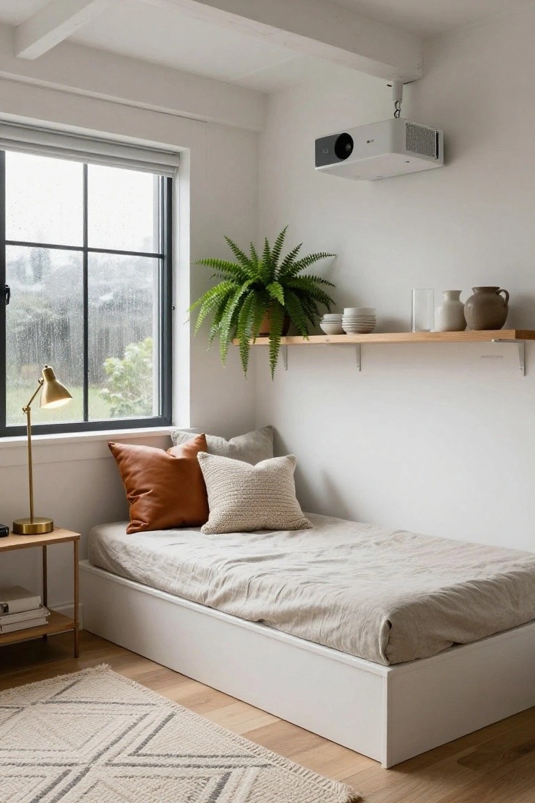 Small bedroom with low white platform bed covered in beige sheets and pillows including orange leather and cream knit ones, ceiling-mounted white projector, wooden floating shelf holding fern plant white bowls and ceramic pots, brass desk lamp on wood side table, and large window showing rainy outdoor view.